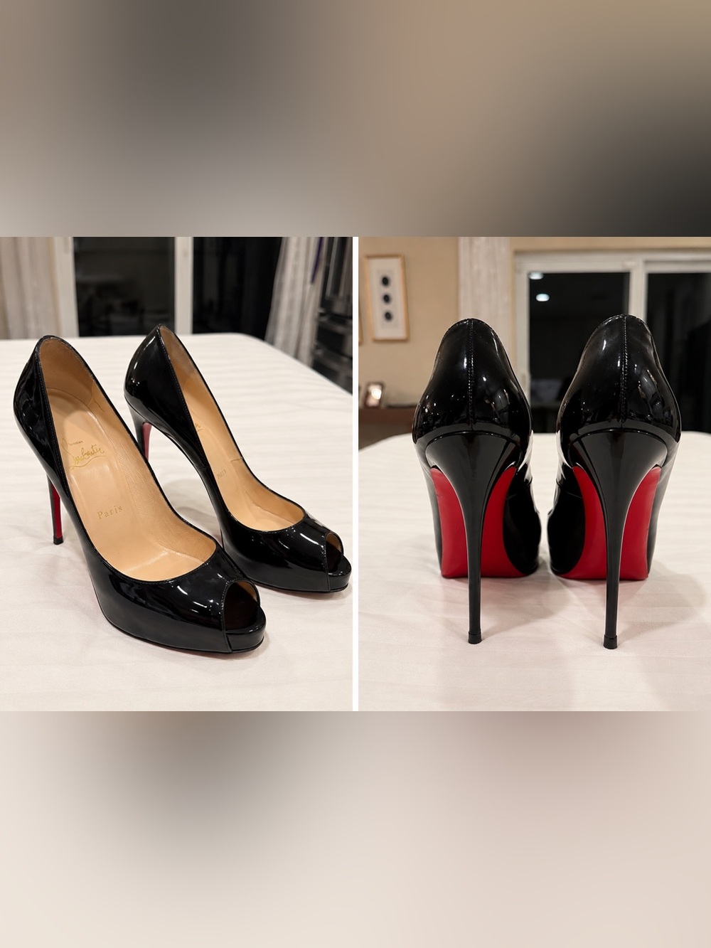 Christian Louboutin Black Patent Peep-Toe Stilettos with Red Soles